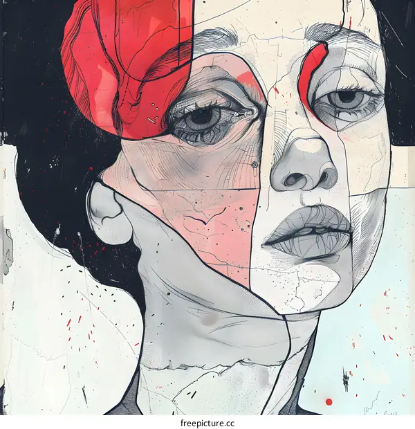 Abstract Portrait of a Woman with a Red and Pink Face