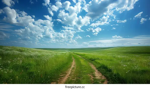 Prairie Road Surrounded by Green Grass and White Flowers