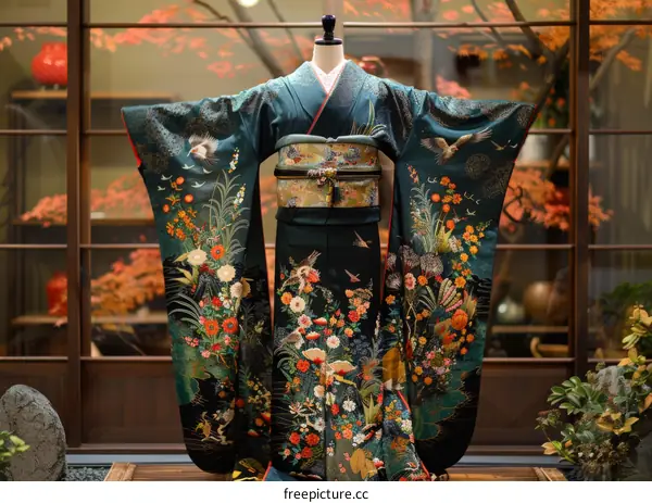 A kimono with a pattern of flying cranes and flowers