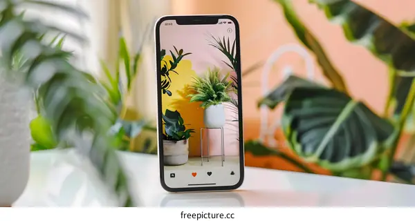 Closeup of Smartphone Display Showing a Picture of Plants