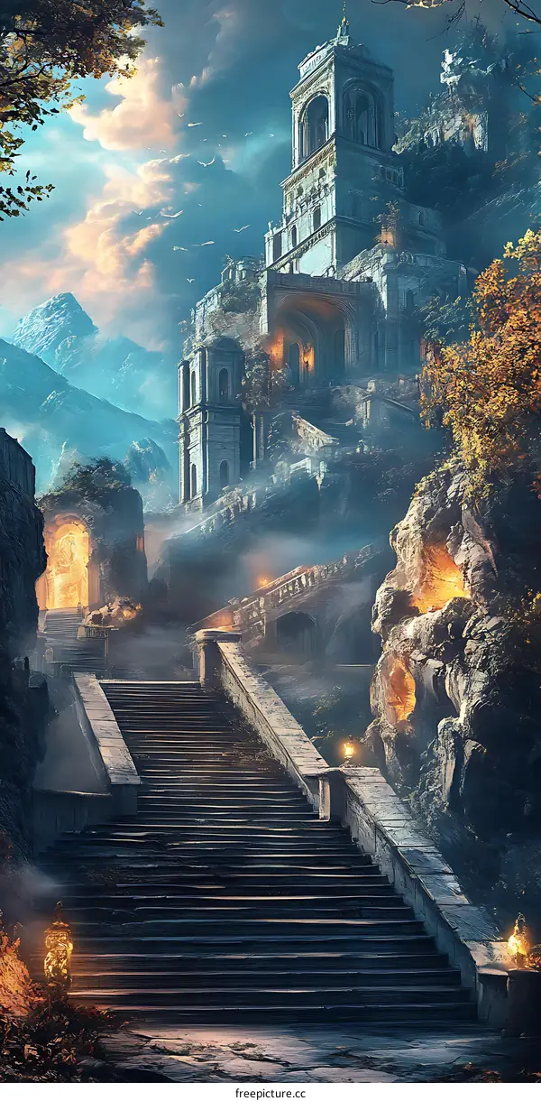 Stone Steps Leading to a Mysterious Castle in the Clouds