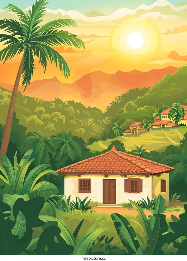 Tropical Sunset Landscape with Small House