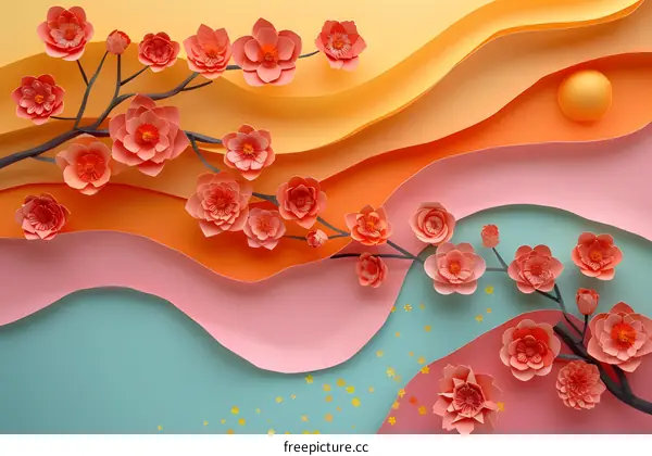 Pink paper flowers and leaves on a wavy background in peach, orange, yellow, green, and blue.