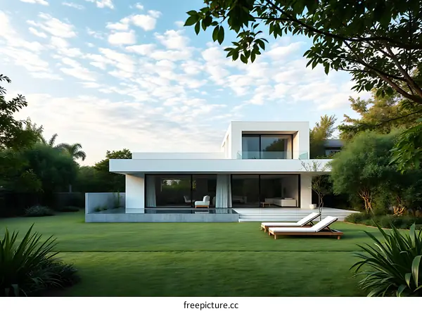 Modern White House with Pool and Lawn