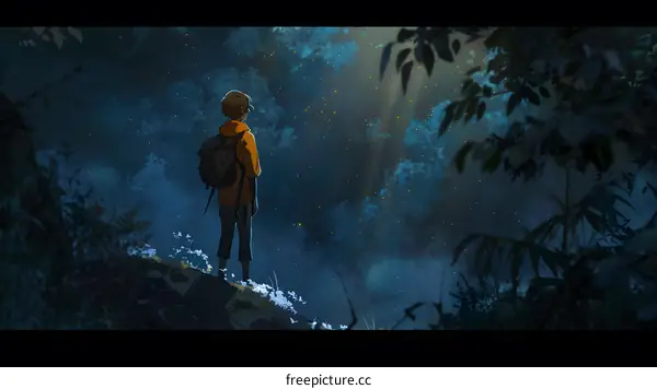 Lonely Figure Standing in Forest at Night