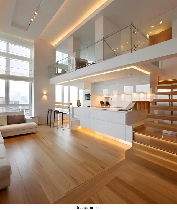 Modern White Kitchen with Wooden Floor and Staircase