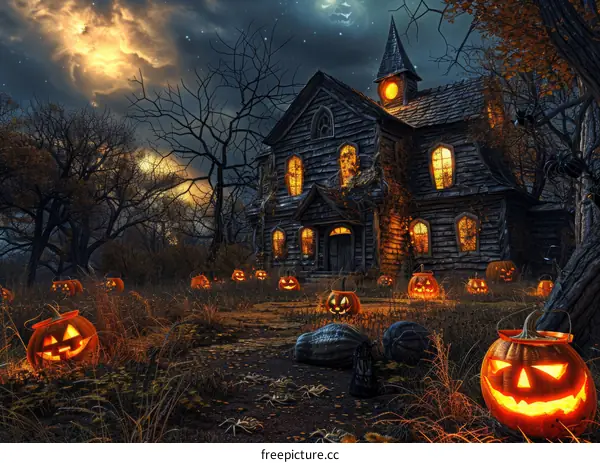 Spooky Halloween Forest House with Pumpkins