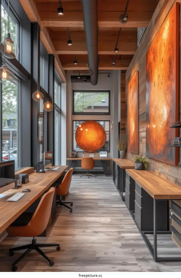 Office interior with wood and metal elements