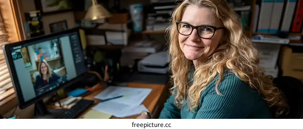 Smiling Woman with Blonde Hair on a Video Call