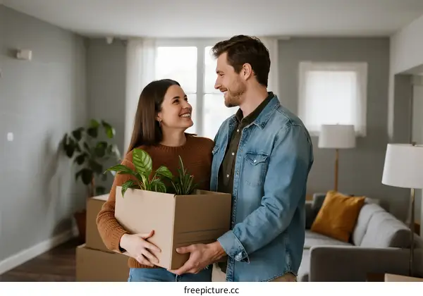 Couple holding boxes moving into new apartment