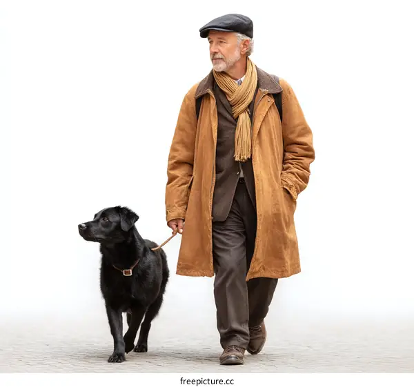 Mature Caucasian Man Walking Dog Outdoors