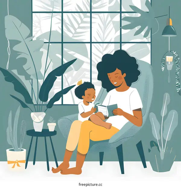 Mother and Daughter Reading a Book Together in a Cozy Living Room