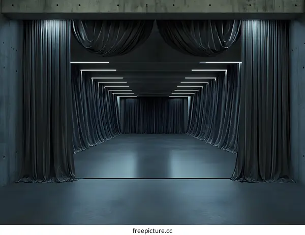 Dark Grey Curtains In An Empty Room With Concrete Walls And Ceiling