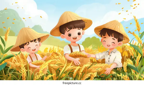 Three happy children harvesting rice in a golden field