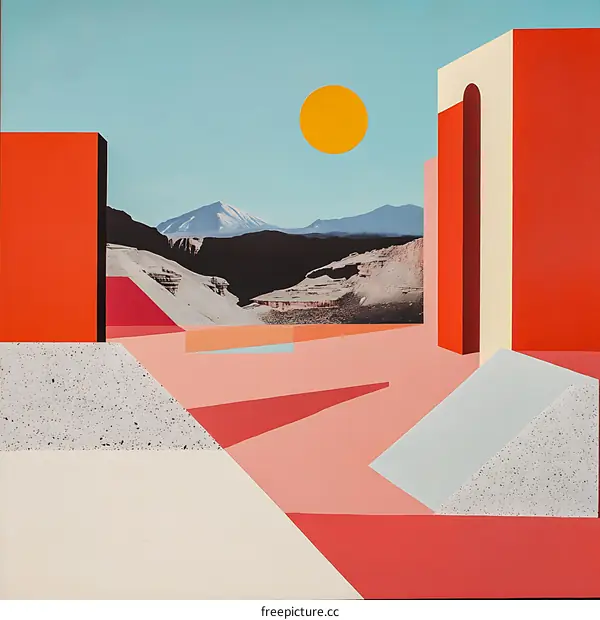 Abstract Geometric Collage with Desert Landscape and Sun
