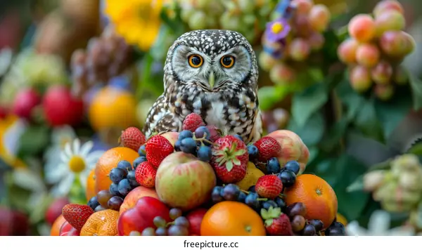 Owl perched on a pile of fruits