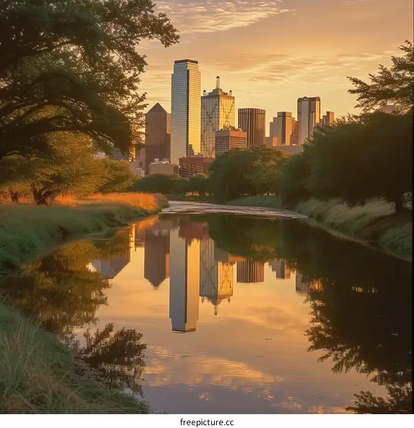 A tranquil river flows through a park in Dallas at sunset