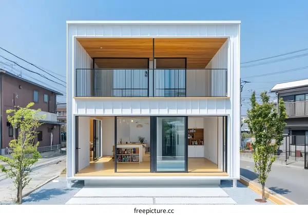 Modern Two Story White House with Balcony and Sliding Glass Doors