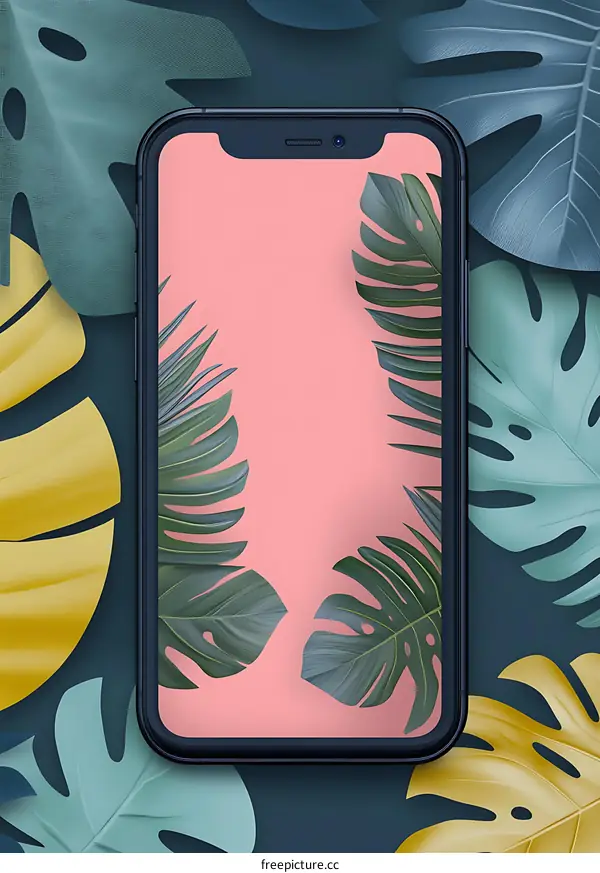 Phone Mockup with Tropical Leaves Background