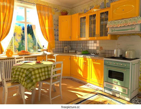 Yellow Kitchen Interior Design with Checkered Tablecloth and Green Stove