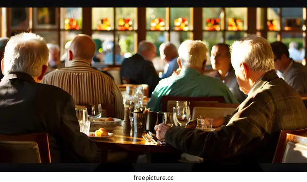 Group of Senior Men Having Lunch at Restaurant