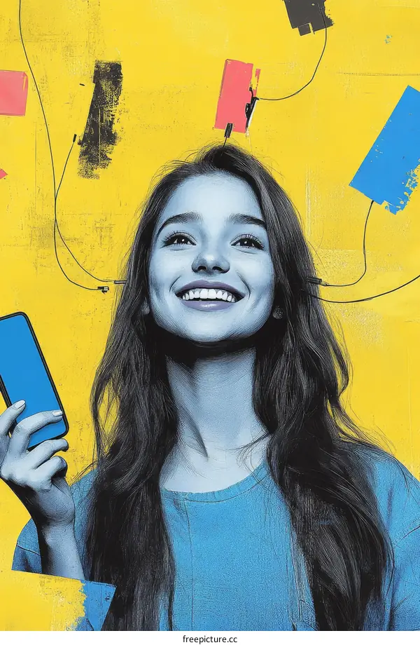 Happy young woman with a phone connected to colorful shapes