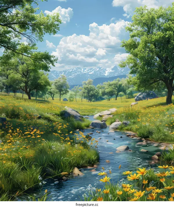 Alpine Meadow with River and Wildflowers