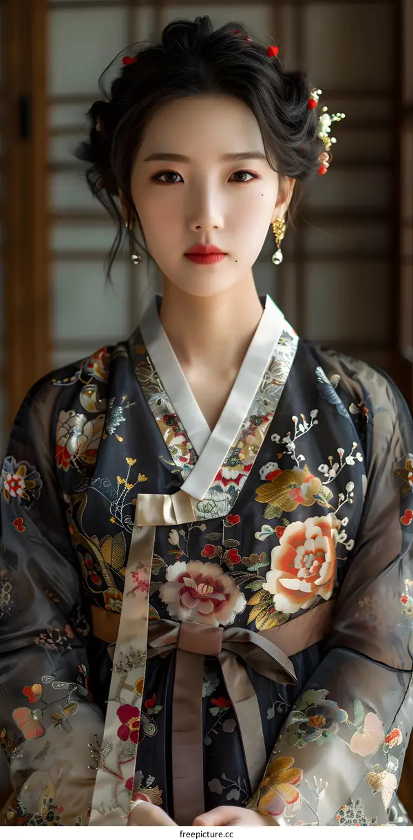 Portrait of a beautiful Asian woman in traditional Korean dress, or Hanbok