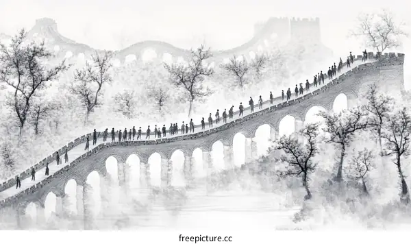 Misty Ancient Chinese Bridge with Crowded People