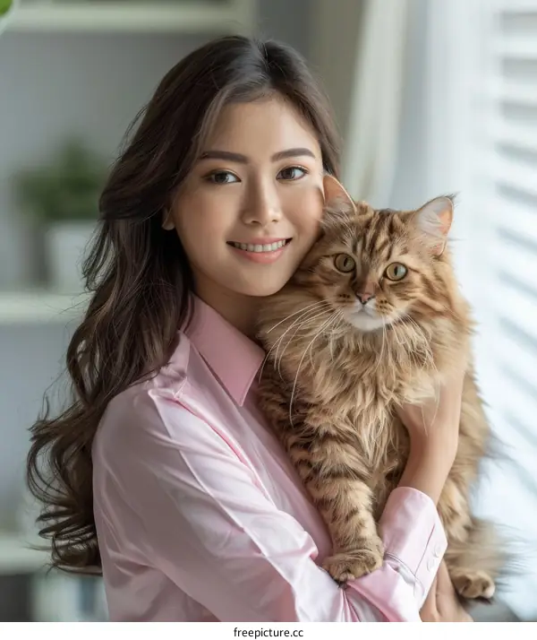 A young Asian woman is hugging a large brown cat