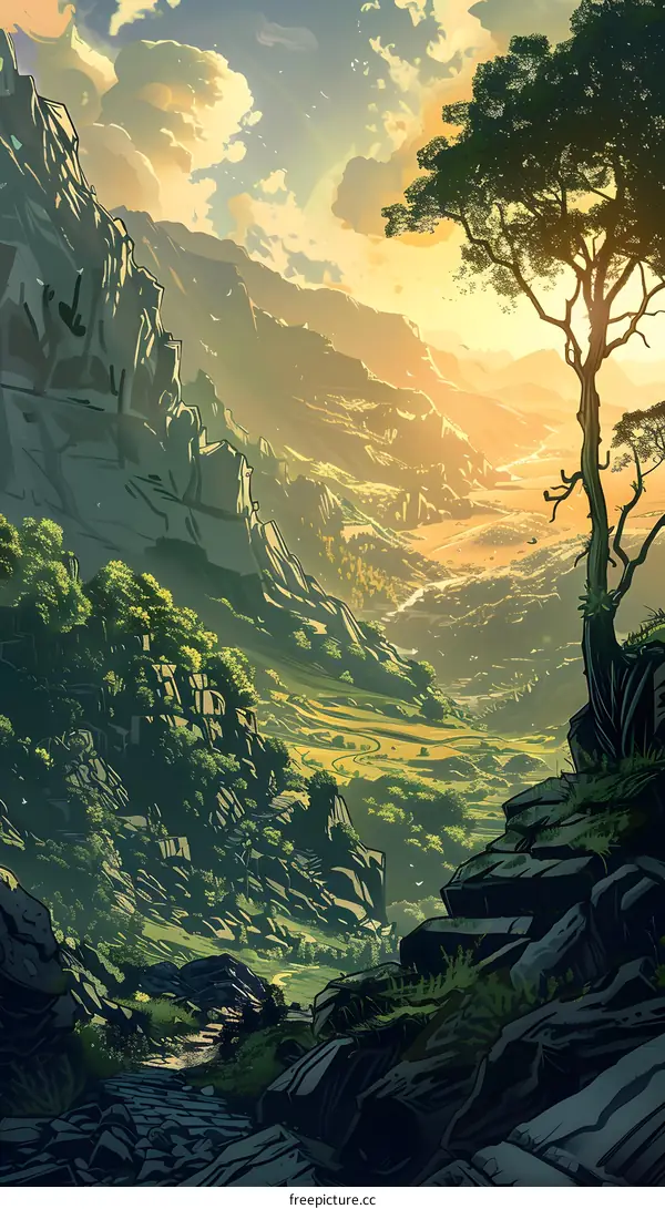 Mountain Landscape With Tree And Valley In The Sunset