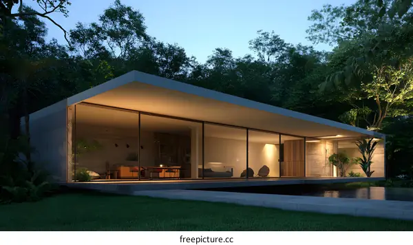 Modern Minimalist Concrete House with Large Windows and Glass Doors Surrounded by Lush Greenery