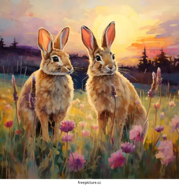 Two Rabbits in a Flower Field at Sunset