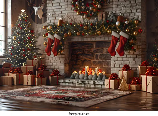 Christmas Tree by the Fireplace