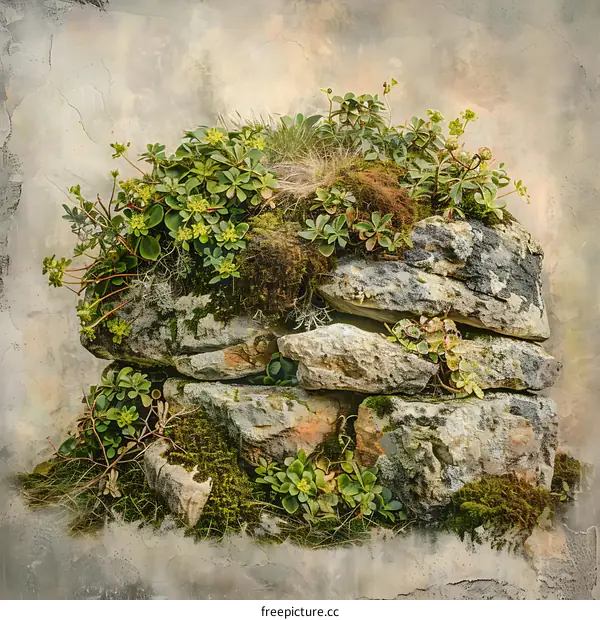 Stone Wall With Plants and Moss