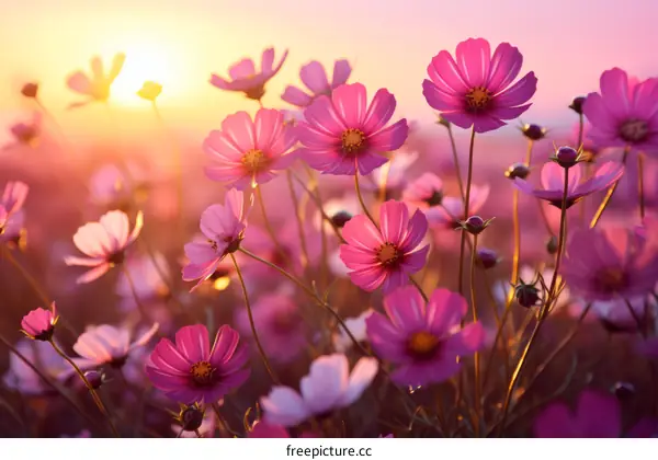 Field of Pink Cosmos Flowers at Sunset