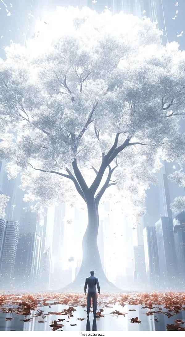 A Majestic Tree in a Futuristic Cityscape