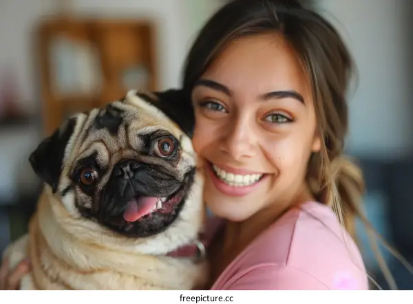 pug dog and a smiling woman