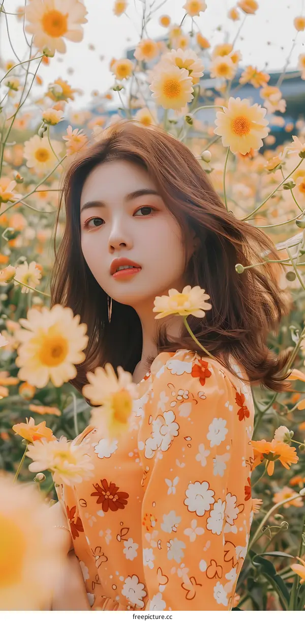 Asian Woman Standing in Field of Yellow Flowers