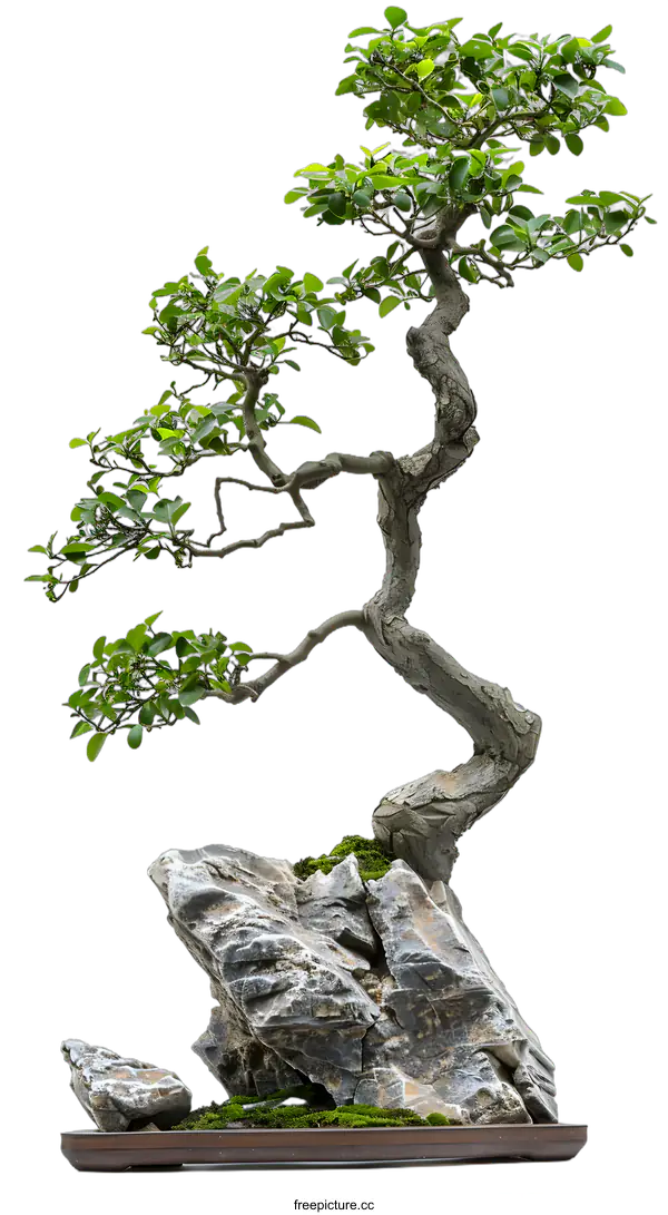 [Transparent Background PNG]A bonsai tree with green leaves and a twisted trunk on a rock.