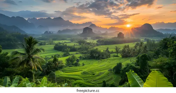 Sunset over rice terraces in Vietnam