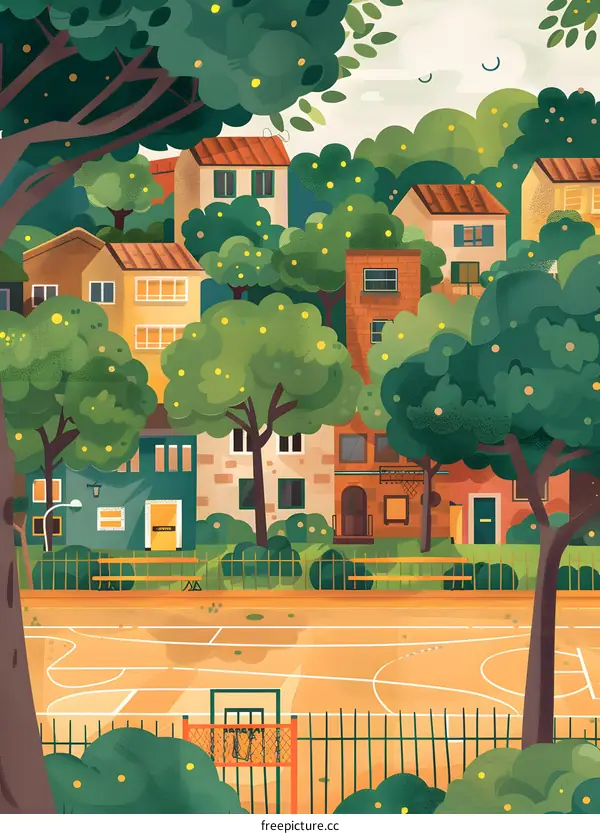 Illustrated Summer Cityscape with Basketball Court