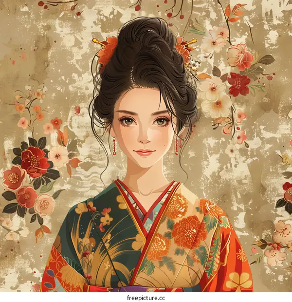 An illustration of a Japanese woman wearing a kimono with a floral pattern and a cherry blossom hairpin.