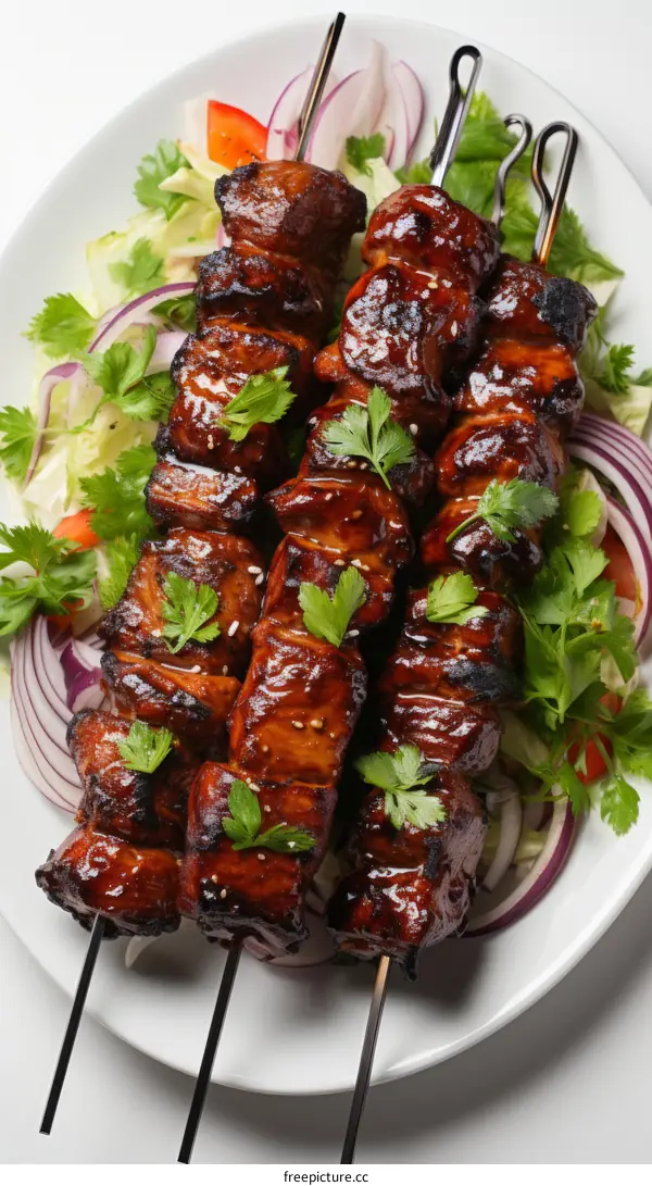 Grilled pork skewers with vegetables