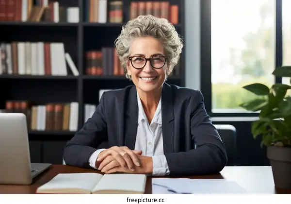 Confident senior businesswoman sitting at her desk in the office