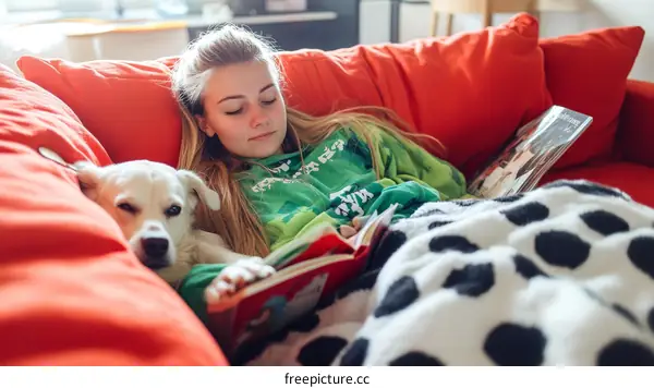 Relaxing Reading Session with a Dog and a Book