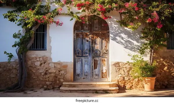 Blue Door with Flowers in Mykonos, Greece