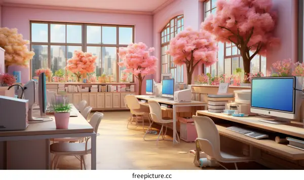 Pink Sakura Trees in Chic Office Room with City View