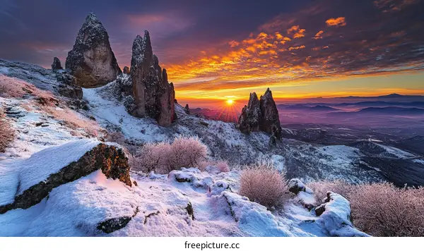 Majestic Winter Sunrise Over Snowy Peaks