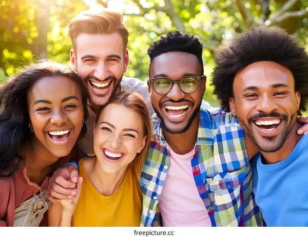 Group of Diverse Friends Smiling Together In A Park